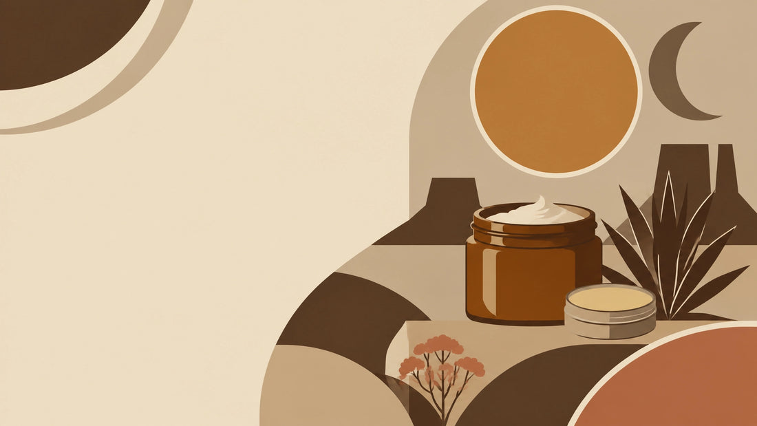 Flat vector illustration of an amber body lotion jar and tallow balm tin among geometric Nevada desert shapes