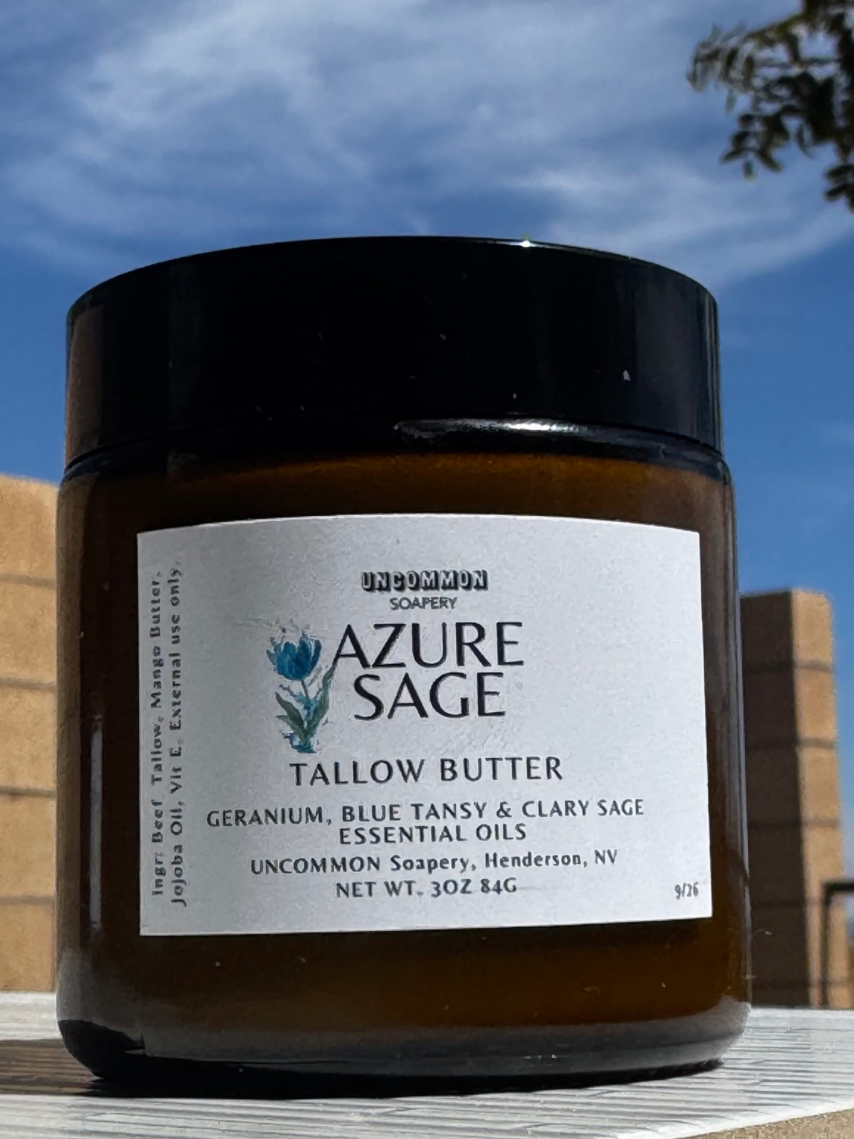 Azure Sage Tallow Butter Lotion 3oz Amber Jar, UNCOMMON Soapery